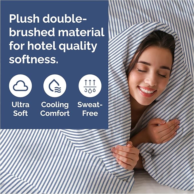 Duvet Cover King Size Set - Extra Soft King Duvet Cover 104" x 90" with 2 Pillow Shams - Hotel Luxury, Easy Care & Fade Free with Zipper Closures & Ties - All Season, Comfy & Breathable (Blue Stripes)