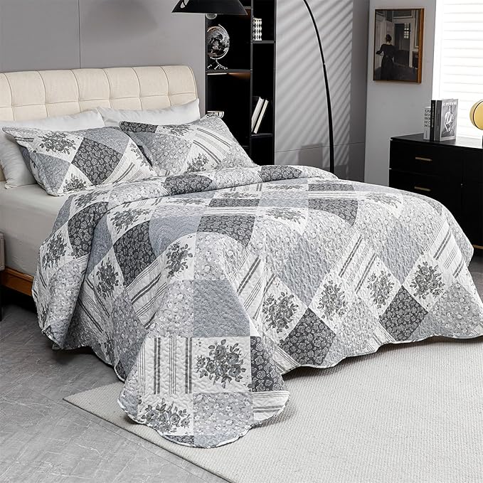 Cmfshape Summer Floral King Bedspread,Romantic Grey Quilt Set King,Reversible Stitched Bedding Set All Season,Soft Lightweight Coverlet with Pillow Cases (Dark Grey, King102 x90)