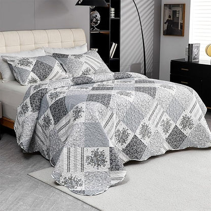 Cmfshape Summer Floral King Bedspread,Romantic Grey Quilt Set King,Reversible Stitched Bedding Set All Season,Soft Lightweight Coverlet with Pillow Cases (Dark Grey, King102 x90)