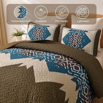 Dintszyayue Boho Quilt Set King Size, Brown Aztec Texture Bedspread Set, 3 Pieces Texture Southwestern Bedding Set, Soft Lightweight Coverlet Set for All Season Bedding with 2 Pillowcases