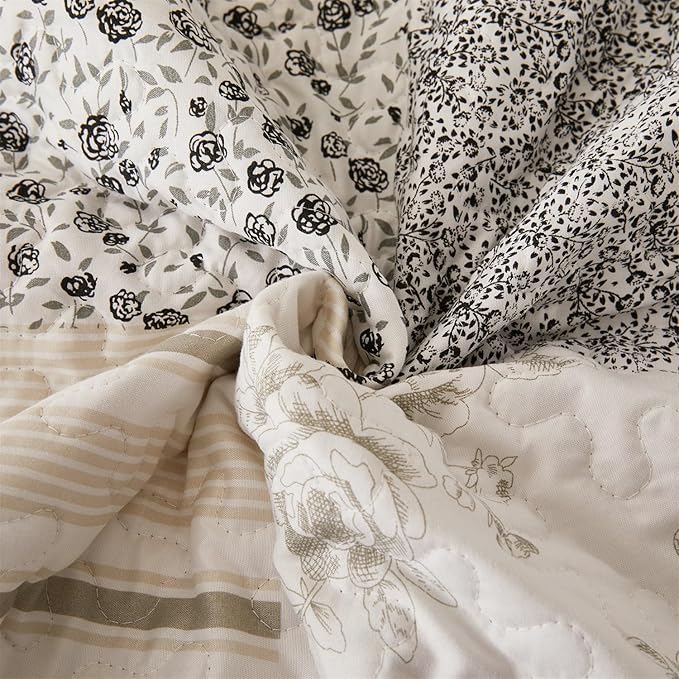 Cmfshape Summer Floral Queen Quilt Set,Grey Patchwork Quilts Queen,Reversible Quilted Bedspread with 2 Shams, Vintage Farmhouse Coverlet(Grey, Queen90 x90)