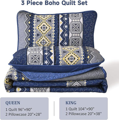 WONGS BEDDING 3 Pieces Quilt Set Queen Size, Navy Blue Quilt Bedspread Lightweight Bohemian Coverlet Set with 2 Pillowcase, Soft Geometry Printed Bedding Set Queen for All Season 96"×90"