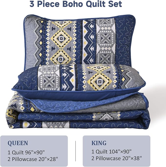 WONGS BEDDING 3 Pieces Quilt Set King Size, Navy Blue Quilt Bedspread Lightweight Bohemian Coverlet Set with 2 Pillowcase, Soft Geometry Printed Bedding Set King for All Season 104"×90"