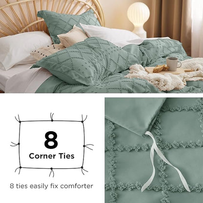 Bedsure Boho Duvet Cover Queen Size - Green Breathable & Soft Boho Bedding, Machine Washable Comforter Cover for All Seasons, Includes 1 Duvet Cover 90"x90" with 2 Pillow Shams & Zipper Closure