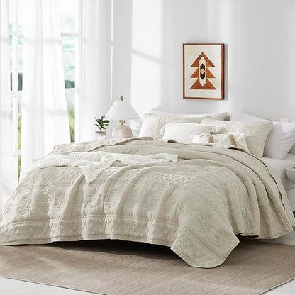 WDCOZY Beige Boho Twin Quit Size Bedding Set with 1 Pillow Sham, Farmhouse Lightweight Soft Bedspread Coverlet for All Season, 2 Pieces, 68x90 inches