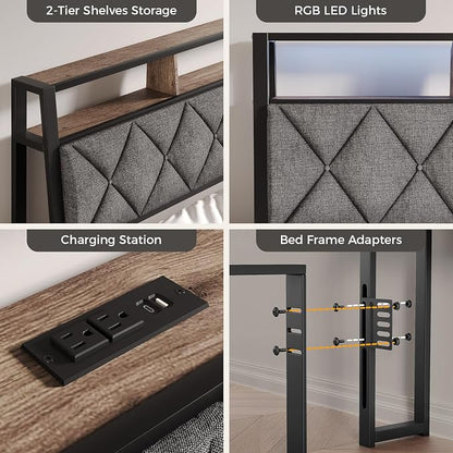 King Headboard Only, Headboard for King Size Bed with Storage, Upholstered Headboards with LED Lights & Charging Station, Attach Frame, Ideal for Bedroom/Dorm/Guest Room, Dark Grey & Brown