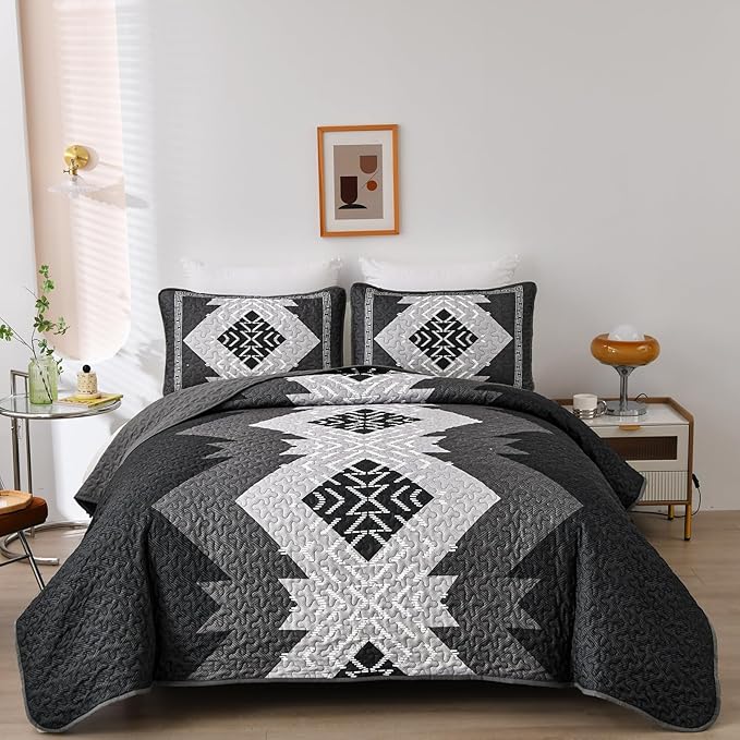 Dintszyayue Boho Queen Quilt Set 3 Pieces Black Grey Aztec Texture Bedspread Coverlet Set Bohemian Quilt Bedding Set Microfiber Lightweight Bed Cover for All Seasons 90"×96"