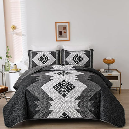 Dintszyayue Boho Queen Quilt Set 3 Pieces Black Grey Aztec Texture Bedspread Coverlet Set Bohemian Quilt Bedding Set Microfiber Lightweight Bed Cover for All Seasons 90"×96"
