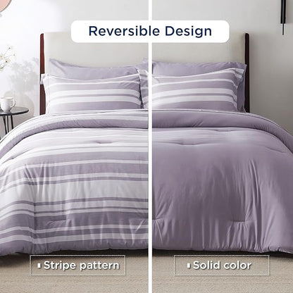 Bedsure Full Comforter Set 7 Pieces, Purple Striped Bedding Set for All Seasons, Reversible, Cationic Dyeing Bed in a Bag with Comforter, Sheets, Pillowcases & Shams