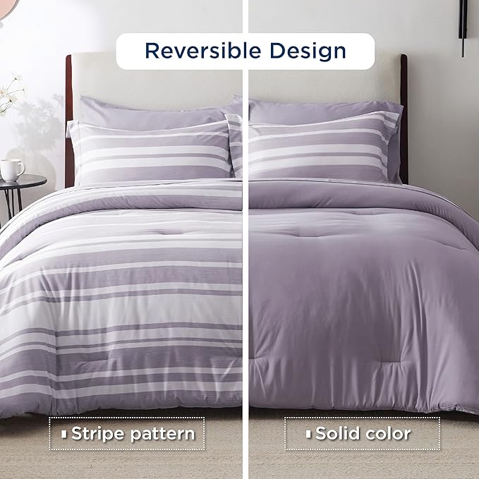 Bedsure Queen Comforter Set 7 Pieces, Purple Striped Bedding Set for All Seasons, Reversible, Cationic Dyeing Bed in a Bag with Comforter, Sheets, Pillowcases & Shams