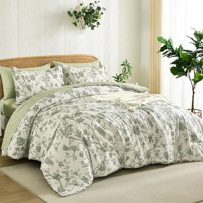 Luxudecor Floral King Comforter Set 7 Pieces Bed in a Bag, Sage Green Flower with Bird Bedding Set, Soft Reversible Comforter with Sheet Set 104"x90"