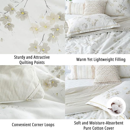 Floral Cotton Comforter King Size - Cream Comforter with Luxurious Grey Branches & Subtle Beige Blossoms,Reversible Lightweight Bedding Sets 3Pcs(104"×90")