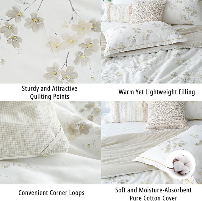 Floral Cotton Comforter Queen Size - Cream Comforter with Luxurious Grey Branches & Subtle Beige Blossoms,Reversible Lightweight Bedding Sets 3Pcs(90"×90")