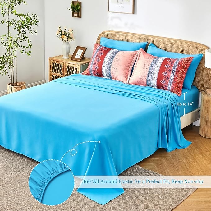 Coral Pink King Size Comforter Set Boho - 7 Pieces Floral Striped Comforter and Sheet Set, Soft Bed in a Bag Complete Bedding Sets for All Season(Coral Pink, King)