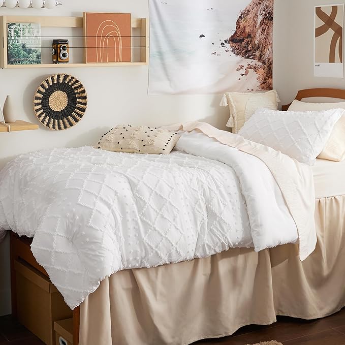 Bedsure Twin Comforter Set - White Boho Twin Comforter, Shabby Chic Dorm Bedding Set for Kids, 2 Pieces Modern Farmhouse Bed Set, Includes 1 Pillow Sham
