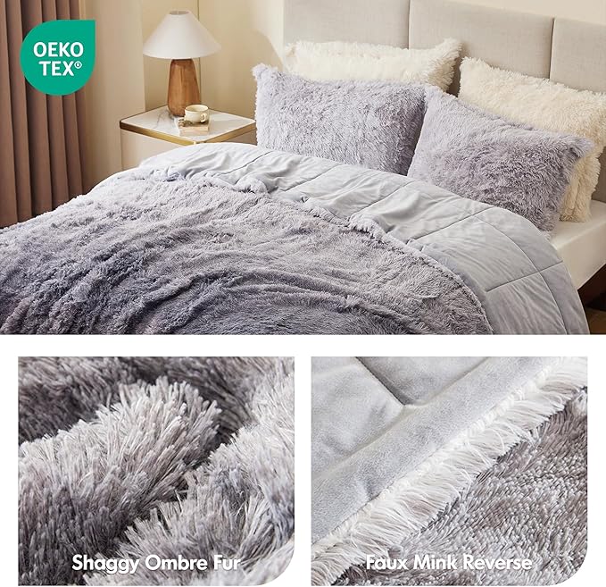 Intelligent Design Brielle, Long Shaggy Faux Fur Comforter Set, Plush Reverse, Trendy Ombre Design, Modern, Cozy All Season Bedding, Matching Sham, King/Cal King(104"x90") Grey 3 Piece