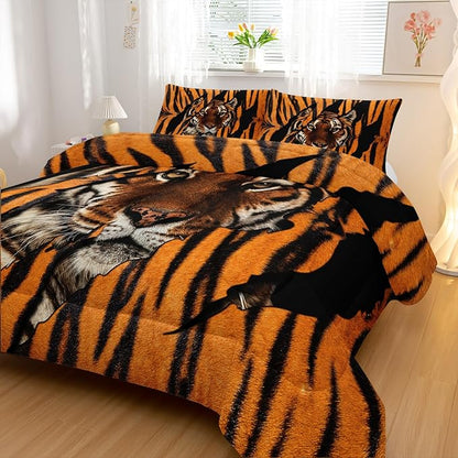 Mighty Tiger Comforter Sets King Size,Animal Bedding Set for Your Room,Tiger Fur Soft Lightweight Quilted Set All Season,1 Comforter and 2 Pillowcases