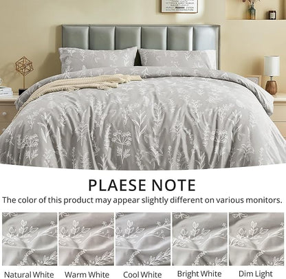 MUXHOMO Duvet Cover King Size, Reversible Floral Silver Gray Duvet Cover Set with Zipper Closure, 3 Pieces Botanical Patterns Soft Microfiber Bedding Set with 4 Ties (90"x104", 2 Pillow Cases)