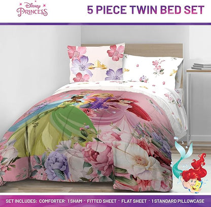 Jay Franco Disney Princess Twin Size Comforter Set - 5 Piece Bedding Includes Sheet Set & Pillow Covers - Super Soft Cozy Floral Bedding with Cinderella and Ariel