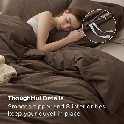 Bedsure 100% Washed Cotton Duvet Cover Queen Size - Brown Minimalist Bedding Set Linen Like - PureWoven Plain Simple & Soft Comforter Cover for All Seasons (Brown, Queen, 90"x90")