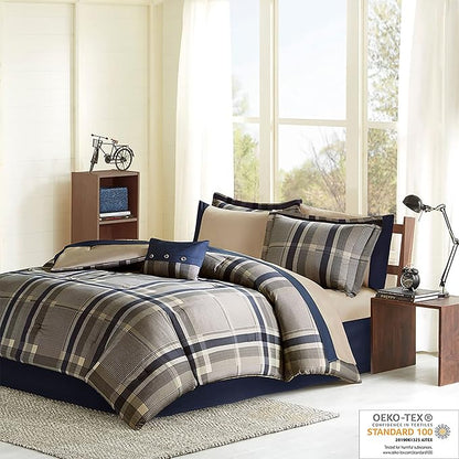 Intelligent Design Robbie 9-Piece Full Comforter Set – Lightweight All-Season Plaid Bedding, Navy/Tan, Cozy Bed-in-a-Bag with Matching Shams & Decorative Pillow, Modern Casual Style