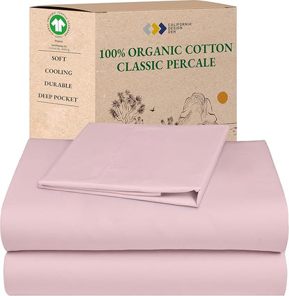 California Design Den Soft 100% Organic Cotton Bed Sheets Twin Size Set with Deep Pockets - Crisp Percale Sheets, Breathable and Durable Bedding Set (Pink - Chalky Tone)