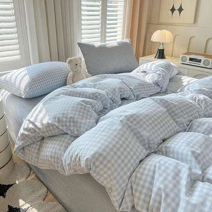 mixinni Light Blue Gingham Comforter Set King - 3 Piece Plaid Bedding Set, All-Season Soft Washed Cotton, Farmhouse Grid Pattern, Includes 1 Comforter & 2 Pillow Shams for Women Men