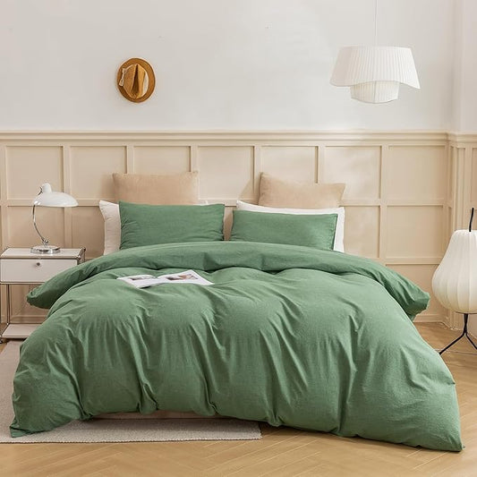 ECOCOTT Sage Green Duvet Cover Queen Size, 3 Piece 100% Washed Cotton 1 Duvet Cover with Zipper and 2 Pillowcases, Ultra Soft and Easy Care Breathable Cozy Bedding Set(Sage Green, Queen)
