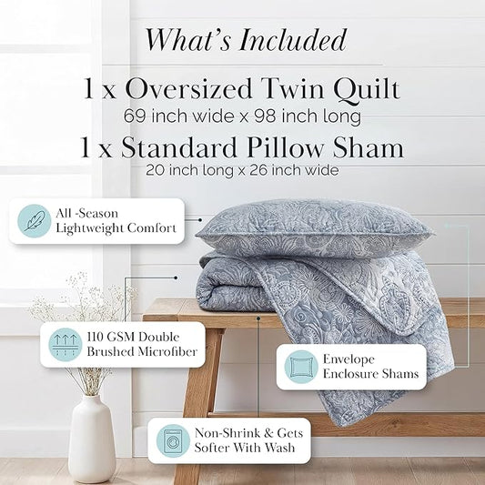 Southshore Fine Living, Inc. Twin XL Quilt Bedding Set, Dorm Bedding Essentials, 2-Sided Reversible, Stain Resistant, Machine Washable Paisley Bedspread, Twin XL Comforter w/Pillow Sham, Paisley Blue