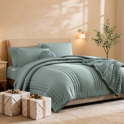 Monbix Full Size Comforter Sets - 7 Pieces Sage Green Bed in a Bag Full Size Bedding Sets with Comforter, Sheets, Pillowcases & Shams