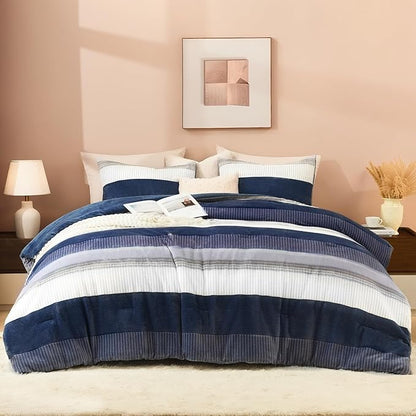 Litanika Fluffy Fleece King Size Comforter Set, Luxury Soft Plush Fuzzy Mineral Blue Stripe Bedding Comforter Sets, Warm Shaggy Faux Fur Bed Set All Season (1 Comforter, 2 Pillowcases)
