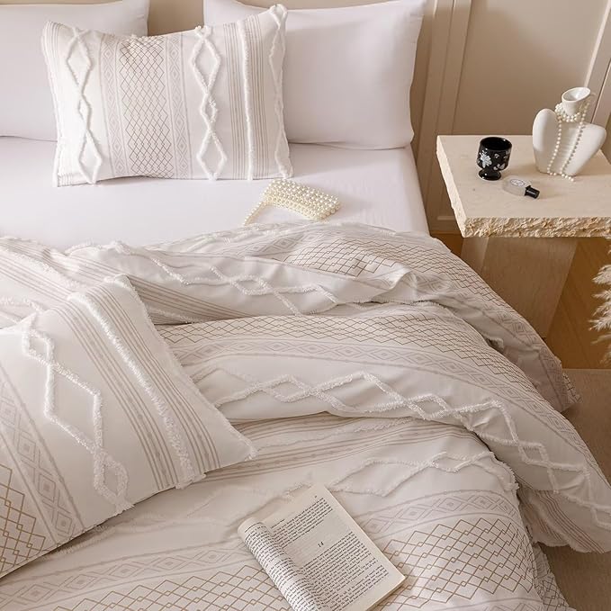 Luxlovery Boho Farmhouse Comforter Set Full Teens Kids White Jacquard Bedding Set Bohemian Country Blanket Quilts Durable Soft Breathable 3PCS Comforter Set Full Bed