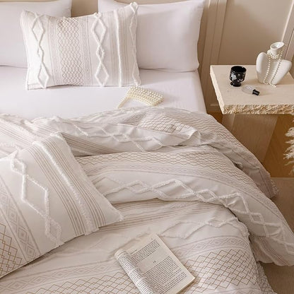 Luxlovery Boho Farmhouse Comforter Set Full Teens Kids White Jacquard Bedding Set Bohemian Country Blanket Quilts Durable Soft Breathable 3PCS Comforter Set Full Bed