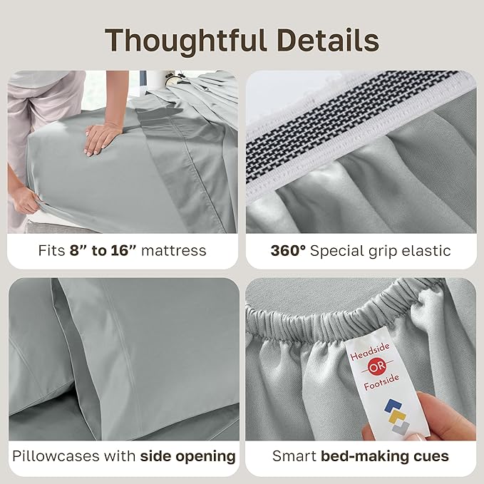 California Design Den King Size Bed Sheets Set - 100% Cotton Sheets, Buttery Soft 800 Thread Count Sateen, Durable Bedding Set - Light Grey