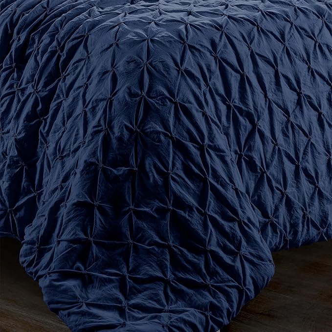 Lush Decor Ravello Pintuck Comforter Set - Luxe 5 Piece Textured Bedding Set - Traditional Glam & Farmhouse Inspired Bedroom Decor - Full/ Queen, Navy