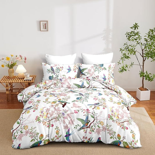 Nayoroom White Floral Comforter Set Queen Size Blue Pink Bird Flower Botanical Pattern Spring Bedding Set 3 Pieces Soft Lightweight Aesthetic Garden Comforter for All Seasons