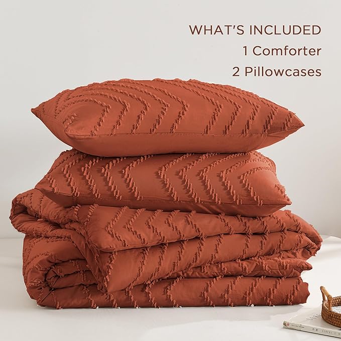 Andency Burnt Orange Oversized King Comforter Set 120x98, Boho Oversize King Soft Warm Tufted Bedding Comforter Sets, 3 Pieces Aesthetic Chevron Farmhouse Cute Bohemian Textured Bedding Set