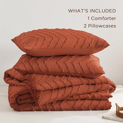 Andency Burnt Orange California King Size Comforter Set, Cal King Boho Terracotta Soft Warm Bedding Comforter Sets, 3 Pieces Cali King Rust Chevron Tufted Aesthetic Microfiber Comforter Set