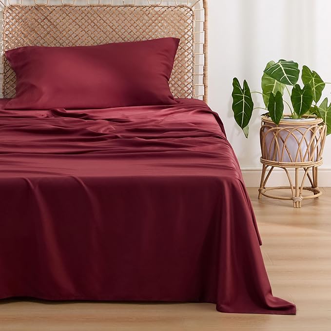 Bedsure Cooling Sheets Twin, Rayon Derived from Bamboo, PureWoven, Breathable & Soft Twin Sheets Set, Deep Pocket Up to 16 Inches, Hotel Luxury Silky Bedding for Hot Sleepers, Burgundy