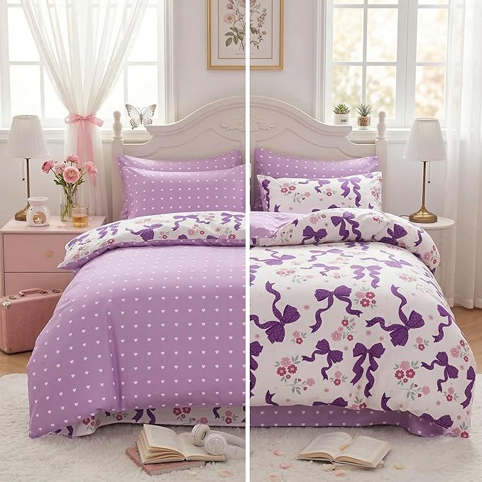 Purple Bow Comforter Set Full Size for Girls, 3Pcs Ribbon Bowknot Bedding for Kids Dreamy Priness Girly Bedroom Decor, Puple Floral Comforter Set with 2 Pillowcases, 79"x90"
