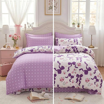 Purple Bow Comforter Set Full Size for Girls, 3Pcs Ribbon Bowknot Bedding for Kids Dreamy Priness Girly Bedroom Decor, Puple Floral Comforter Set with 2 Pillowcases, 79"x90"