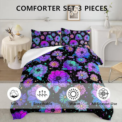 Axolotl Neon Floral Bedding Set Twin,Gradient Floral Comforter Set for Girls,Colorful Flower Bedding Set Stars,Galaxy Series Comforter for Kids Boys Girls Teens Adults,1 Quilt 2 Pillowcases,Black
