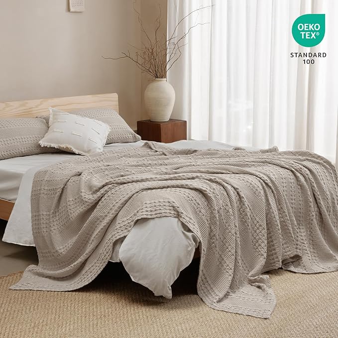 PHF 100% Cotton Waffle Weave Blanket Queen Size for Bed, Soft Lightweight & Breathable for Spring and Summer, All-Season Comfort, Luxury Aesthetic Blanket for Home Decor, 90"x90", Pearl Gray