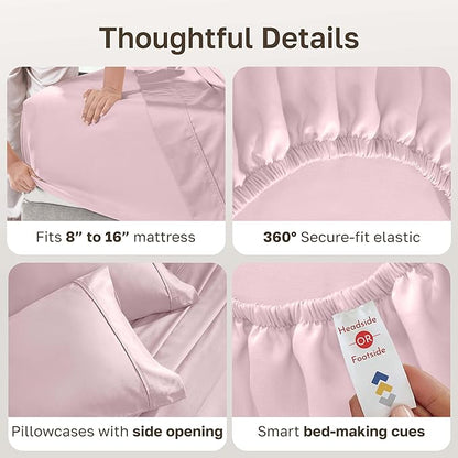 California Design Den Natural 100% Cotton Sheets, Soft Queen Sheet Set, 400 Thread Count Sateen, Deep Pockets with All-Around Elastic for a Snug Fit, Durable Bedding Set - Pink