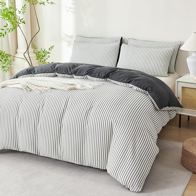 Dark Grey Comforter Set Queen Striped Washed Microfiber 3 Pieces Jacquard Bedding, White & Grey Vertical Ticking Stripes Comforter with 2 Pillowcases, Luxury Soft Breathable Durable Comfy