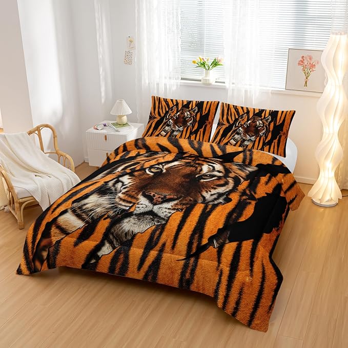 Mighty Tiger Comforter Sets Full Size,Animal Bedding Set for Your Room,Tiger Fur Soft Lightweight Quilted Set All Season,1 Comforter and 2 Pillowcases