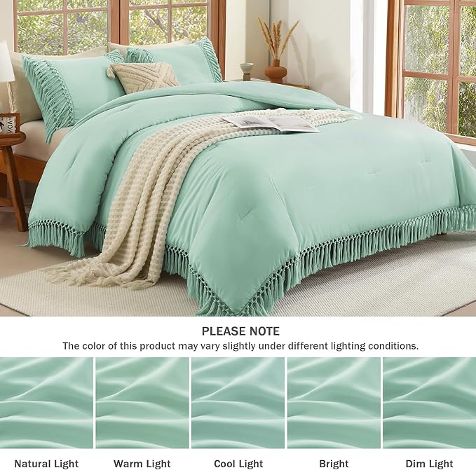 Andency Queen Comforter Set Mint, 3 Pieces Boho Lightweight Fall Bedding Comforter Sets, Tassel Bed Set (90x90In Comforter & 2 Pillowcases)