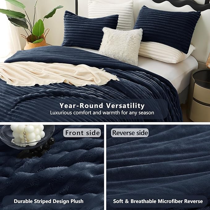 CozyLux Fluffy King Size Comforter Set - Super Soft Faux Fur Navy Blue Comforter King Size, Winter Warm Fleece Bedding Set, 3 Pieces Plush Fuzzy Bed Set (1 Shaggy Comforter, 2 Pillowcases)