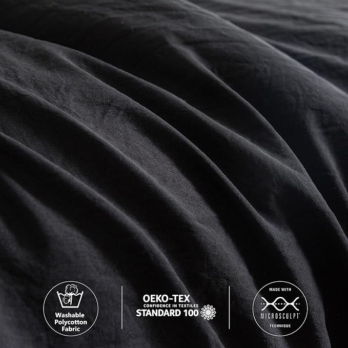 COTTEBED Solid Chic Black Comforters Sets Queen Size Bedding - 3 Pieces Lightweight Silky Soft Cozy Washed PolyCotton Microfiber - 1 Down Alternative Conforter with 2 Pillow Sham All Season,Queen/Full