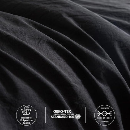 COTTEBED Ultra-Soft Black Comforter King, Cozy Softness Solid Chic Washed PolyCotton Microfiber, California King Size Bedding Down Comforter Blanket Set and Pillowcase, Lightweight But Warm All Season